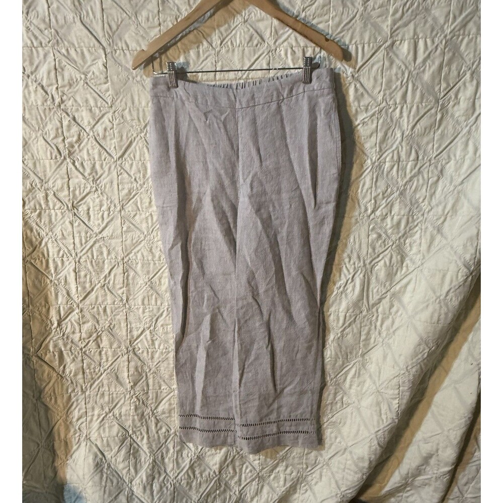 Chico's Women's Beige Linen Solid Capri Pants Pull-On Elastic Waist Lace